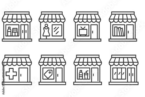 Line Style Store Icons. Line style icons of store types: supermarket, boutique, electronics shop, book store. pharmacy, outlet,