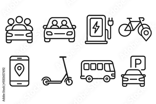 Mobility Solutions Icons. Line style icons of mobility solutions: ride share, carpool icon, EV station, bike share. mobility app,