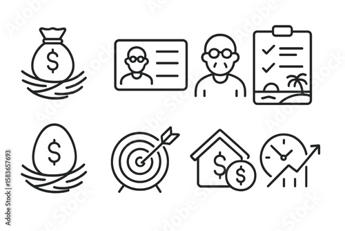 Retirement Planning Icons. Line style icons of retirement planning: retirement fund, pension icon, age icon, life plan. nest egg,