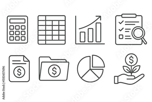 Financial Icons Set. Line style icons of financial careers: calculator, spreadsheet, bar chart, audit checklist. tax file, finance