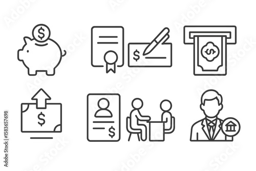 Bank Services Icons. Line style icons of bank services: savings account, fixed deposit, cheque service, withdrawal form. deposit