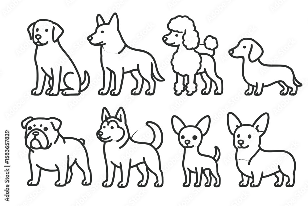 Dog Breed Icons. Line style icons of dog breeds: labrador, german shepherd, poodle, dachshund. bulldog, husky, chihuahua, corgi. Dog Breed Icons. Line style icons of dog breeds: labrador, german shepherd, poodle, dachshund. bulldog, husky, chihuahua, corgi.
