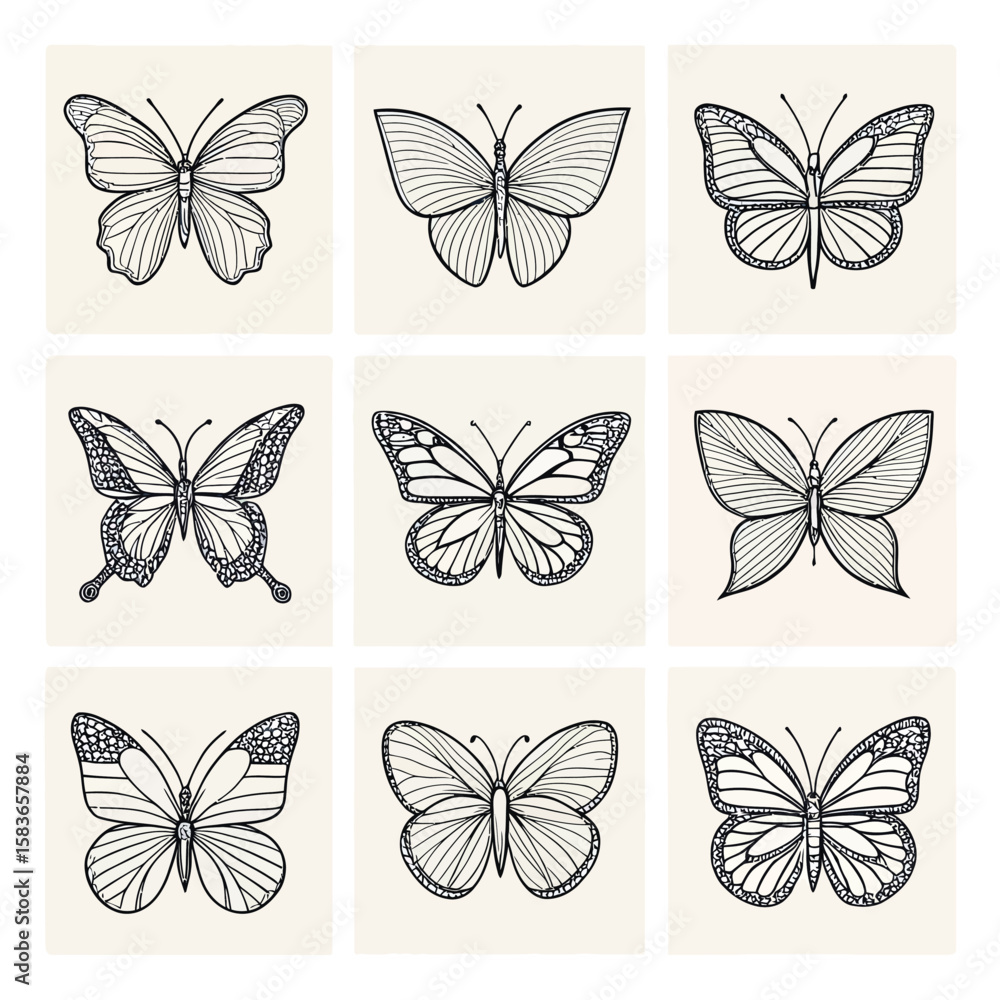 Set of 9 Minimalist Flying Butterfly Line Art Icons – Hand-Drawn Style Set of 9 Minimalist Flying Butterfly Line Art Icons – Hand-Drawn Style