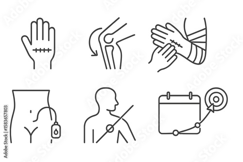 Post-Surgery Rehab Icons. Line style icons of post-surgery rehab: incision care, joint mobility, scar massage, bandage wrap. fluid