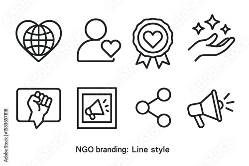 NGO Branding Icons. Line style icons of NGO branding: mission logo, social icon, nonprofit badge, values card. impact slogan,