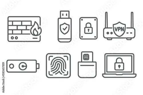 Cybersecurity Hardware Icons. Line style icons of cybersecurity hardware: hardware firewall, secure USB, encrypted SSD, VPN router