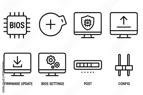 BIOS and Firmware Icons. Line style icons of BIOS and firmware: BIOS chip, CMOS battery, UEFI icon, boot screen. firmware update,