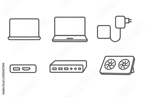 Laptop and Accessories Icons. Line style icons of laptops and accessories: closed laptop, open laptop, trackpad, charger. USB port