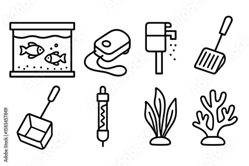 Aquarium Items Icons. Line style icons of aquarium items: fish tank, air pump, filter, gravel scoop. fish net, tank heater,