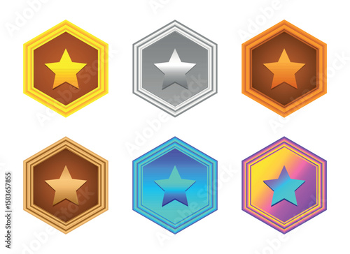 Set of colorful hexagon star badges in various ranks like gold, silver, bronze, and gradient. Ideal for game rewards, achievement icons, VIP levels, mobile UI, and app gamification features.