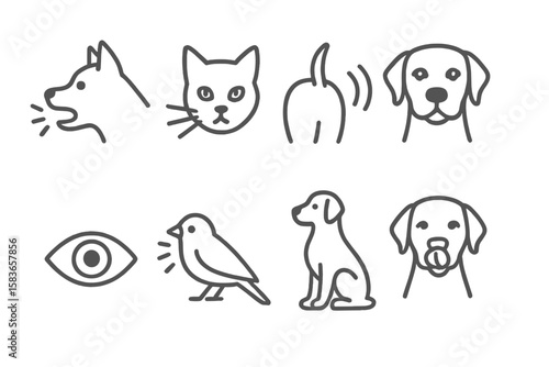 Pet Communication Icons. Line style icons of pet communication: bark symbol, meow icon, wagging tail, ear position. eye contact,