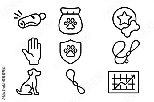 Pet Training Icons. Line style icons of pet training: training whistle, treat pouch, reward icon, hand signal. obedience badge,