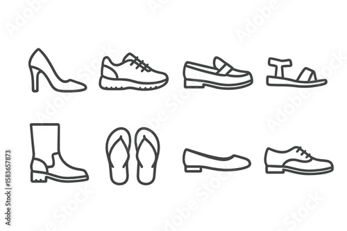 Shoe Style Icons. Line style icons of shoe styles: high heels, sneakers, loafers, sandals. boots, flip-flops, ballet flats,