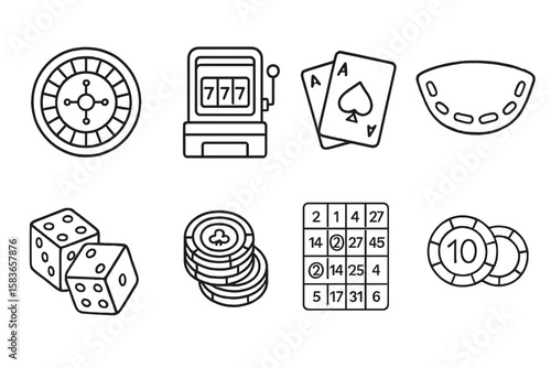 Casino Game Icons. Line style icons of casino games: roulette wheel, slot machine, poker cards, blackjack table. craps dice,