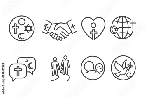 Interfaith Unity Icons. Line style icons of interfaith unity: multi-faith circle, handshake between beliefs, tolerance heart,