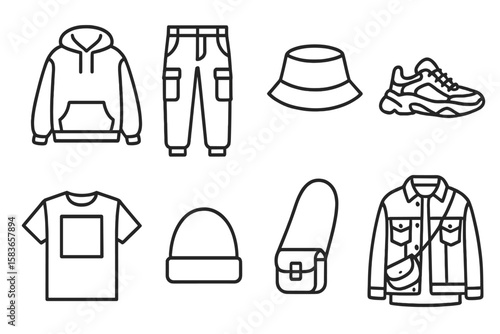 Streetwear Icon Set. Line style icons of streetwear fashion: oversized hoodie, cargo pants, bucket hat, chunky sneakers. graphic