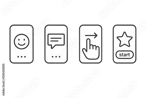 App Onboarding Icons. Line style icons of app onboarding: welcome screen, guide tooltip, swipe demo, feature intro. step dots,