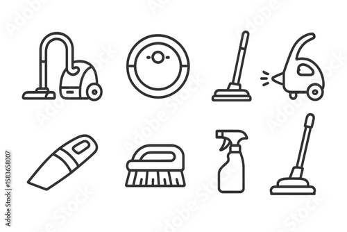 Cleaning Tools Illustrations. Line style icons of cleaning appliances: vacuum cleaner, robotic vacuum, mop, steam cleaner.