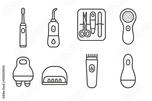 Personal Care Icons. Line style icons of personal care appliances: electric toothbrush, water flosser, grooming kit, facial brush.