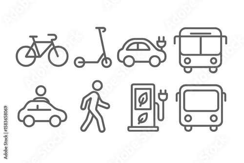 Eco Transport Icons. Line style icons of eco transport: bicycle, electric scooter, electric car, public transport. car sharing,