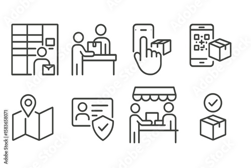 Pickup Point Icons. Line style icons of pickup points: parcel locker, pickup counter, click and collect, pickup code. location map