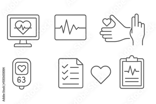 Cardiac Rehab Icons. Line style icons of cardiac rehabilitation: heart monitor, ECG graph, stationary bike, pulse check. oxygen