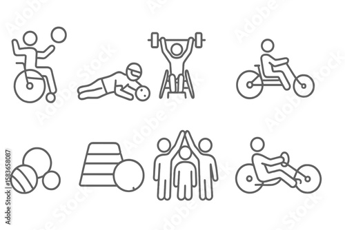 Adaptive Sports Icons. Line style icons of adaptive sports: wheelchair basketball, goalball player, inclusive gym, adapted bike.