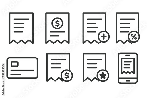 Receipt Icon Set. Line style icons of receipts and payments: paper receipt, transaction summary, subtotal icon, taxes icon.