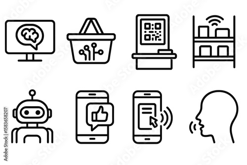 Tech Shopping Icons. Line style icons of tech in shopping: AI suggestion icon, smart basket, self-scan station, smart shelf. robot