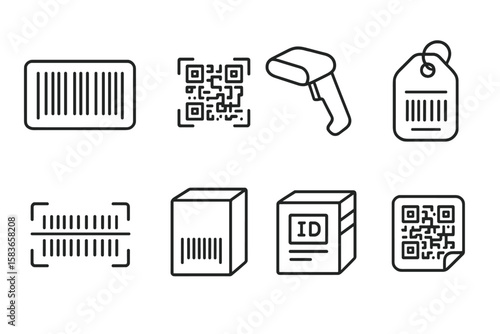 Barcode Iconography. Line style icons of barcode system: barcode label, QR code icon, scan item, digital tag. scanner light, UPC