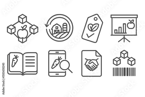 Future Food Icons. Line style icons of future food and nutrition: nutrition blockchain icon, traceability badge, verified origin