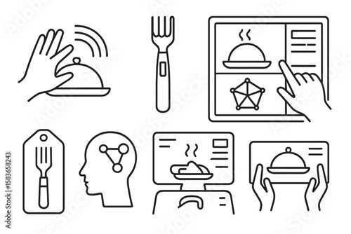 Futuristic Food Icons. Line style icons of future food and nutrition: haptic dining interface icon, smart utensil badge, flavor