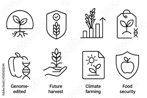 Future Food Icons. Line style icons of future food and nutrition: climate-resilient crops icon, drought-resistant grain badge,