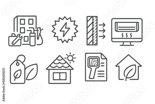 Climate Tech Icons. Line style icons of climate tech and green innovation: building retrofit kit icon, energy upgrade badge,