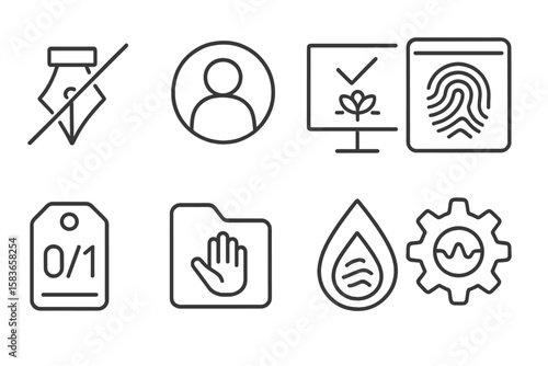 Future Digital Icons. Line style icons of future digital art: anti-AI signature icon, human-created badge, originality check chart