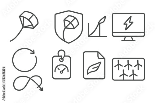 Climate Tech Icons. Line style icons of climate tech and green innovation: wind kite generator icon, airborne wind badge,