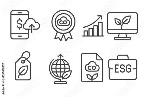 Eco Finance Icons. Line style icons of climate tech and green innovation: climate fintech icon, carbon credit badge,