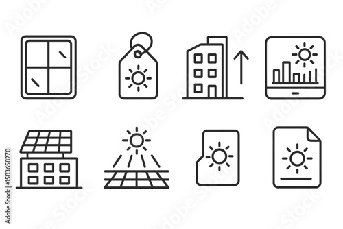 Climate Tech Icons. Line style icons of climate tech and green innovation: solar window panel icon, transparent PV badge, building