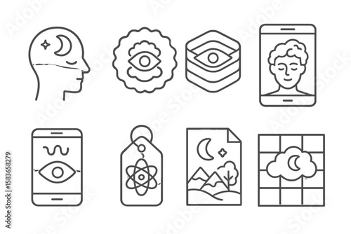 Dream Art Icons. Line style icons of future digital art: dream interpretation art icon, lucid image badge, subconscious layer