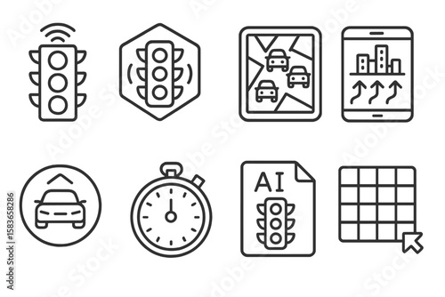 Future Mobility Icons. Line style icons of future mobility: smart traffic light icon, adaptive signal badge, congestion map chart,