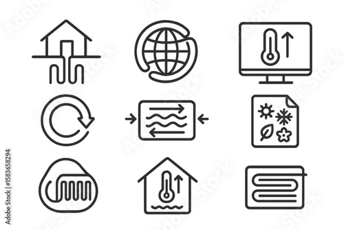 Climate Tech Icons. Line style icons of climate tech and green innovation: geothermal heat pump icon, earth coil badge,