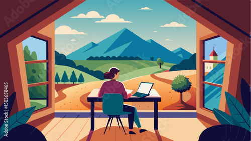 In a cozy attic room of the chateau a laptop is open on a vintage desk as the writer looks out at the rolling hills of the vineyard.. Vector illustration