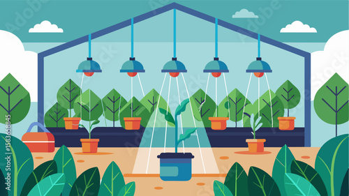 An illustration of a greenhouse filled with different crops each receiving precise amounts of water based on recommendations from an AIpowered crop water usage model.. Vector illustration