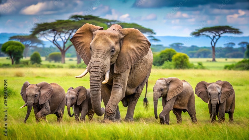 Fototapeta premium Elephant Family Frolic: Majestic Adult with Playful Calves in Lush Savannah Paradise