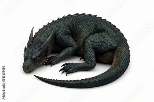 Sleeping Green Dragon, Fantasy, Studio, Isolated, White Background, Game Asset