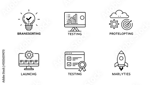 A collection of 6x8 thin-line icons visualizing startup workflows and processes — such as brainstorming, prototyping, testing, iteration, launching, marketing, and analytics. Minimalist style with a n