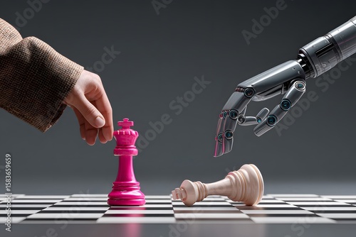 AI versus human intellect is depicted in a chess game, symbolizing technological disruption, strategic competition, and the future of work