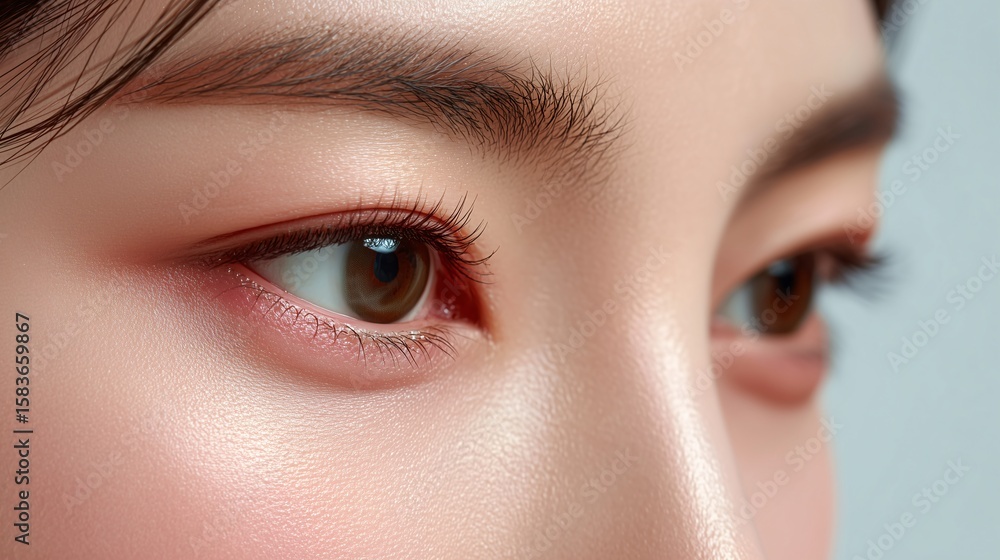 Fototapeta premium Close-up macro of a woman's beautiful blue eye with long eyelashes, defined eyebrow, and intricate iris