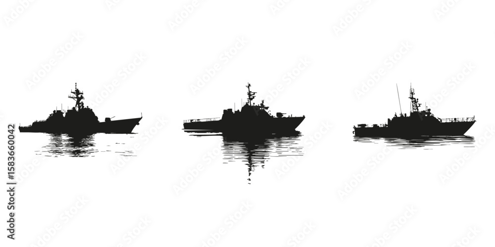 Fototapeta premium Naval Warships Silhouette Set. Maritime Defense And Military Vessel Collection. Security And Strategic Use. Isolated Vector Illustration