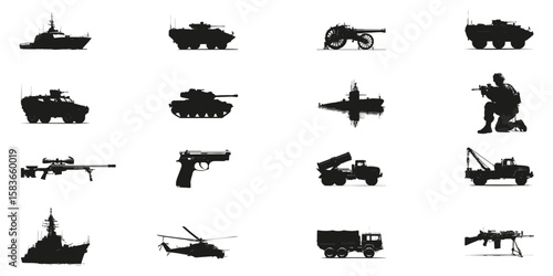 Military Vehicles And Equipment Silhouette Set. Defense And Warfare Symbol Collection. Security And Tactical Use. Isolated Vector Illustration